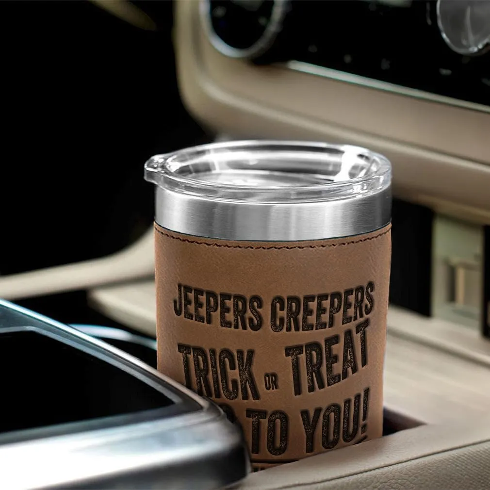 Stainless-Steel Leather Travel Mug Tumbler 20 Ounces Jepers Creepers Engraved Thermal Coffee Cup Brown