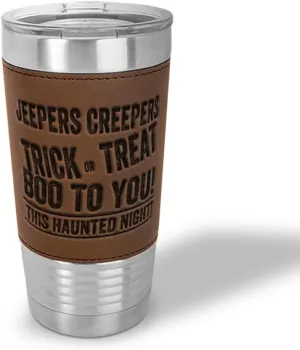 Stainless-Steel Leather Travel Mug Tumbler 20 Ounces Jepers Creepers Engraved Thermal Coffee Cup Brown