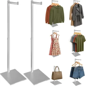 Standing Clothes Rack, Adjustable Clothes Hanger Stand, Metal Clothes Rack, Clothing Display Rack, Garment Display Stand for Thrift Shops and Retail Store, Silver, 2Pack