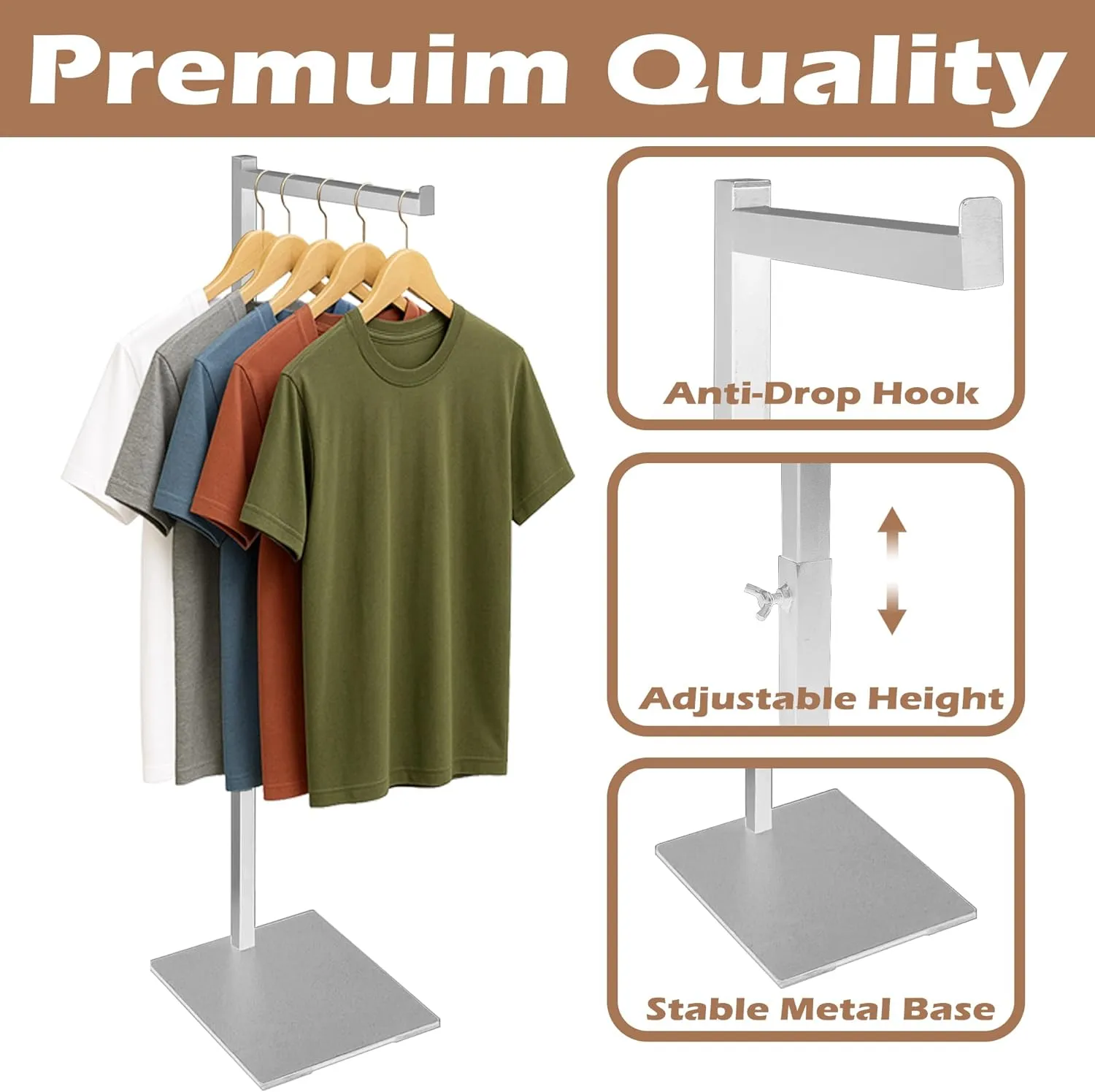 Standing Clothes Rack, Adjustable Clothes Hanger Stand, Metal Clothes Rack, Clothing Display Rack, Garment Display Stand for Thrift Shops and Retail Store, Silver, 2Pack