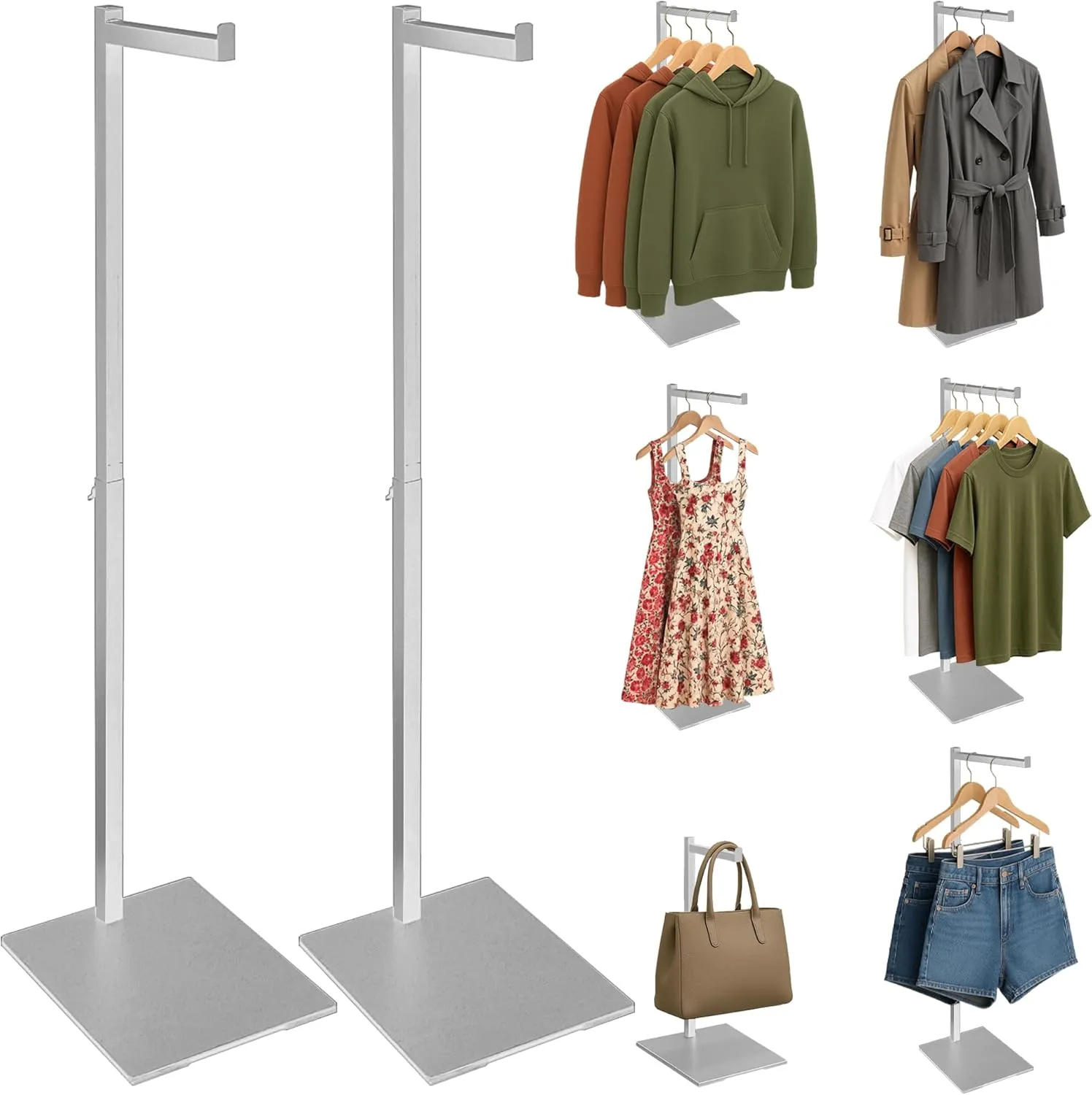 Standing Clothes Rack, Adjustable Clothes Hanger Stand, Metal Clothes Rack, Clothing Display Rack, Garment Display Stand for Thrift Shops and Retail Store, Silver, 2Pack