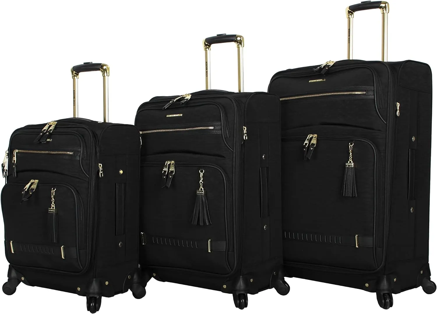Steve Madden Designer Luggage Collection - 3 Piece Softside Expandable Lightweight Spinner Suitcase Set - Travel Set includes 20 Inch Carry on, 24 Inch & 28-Inch Checked Suitcases (Black Grey)