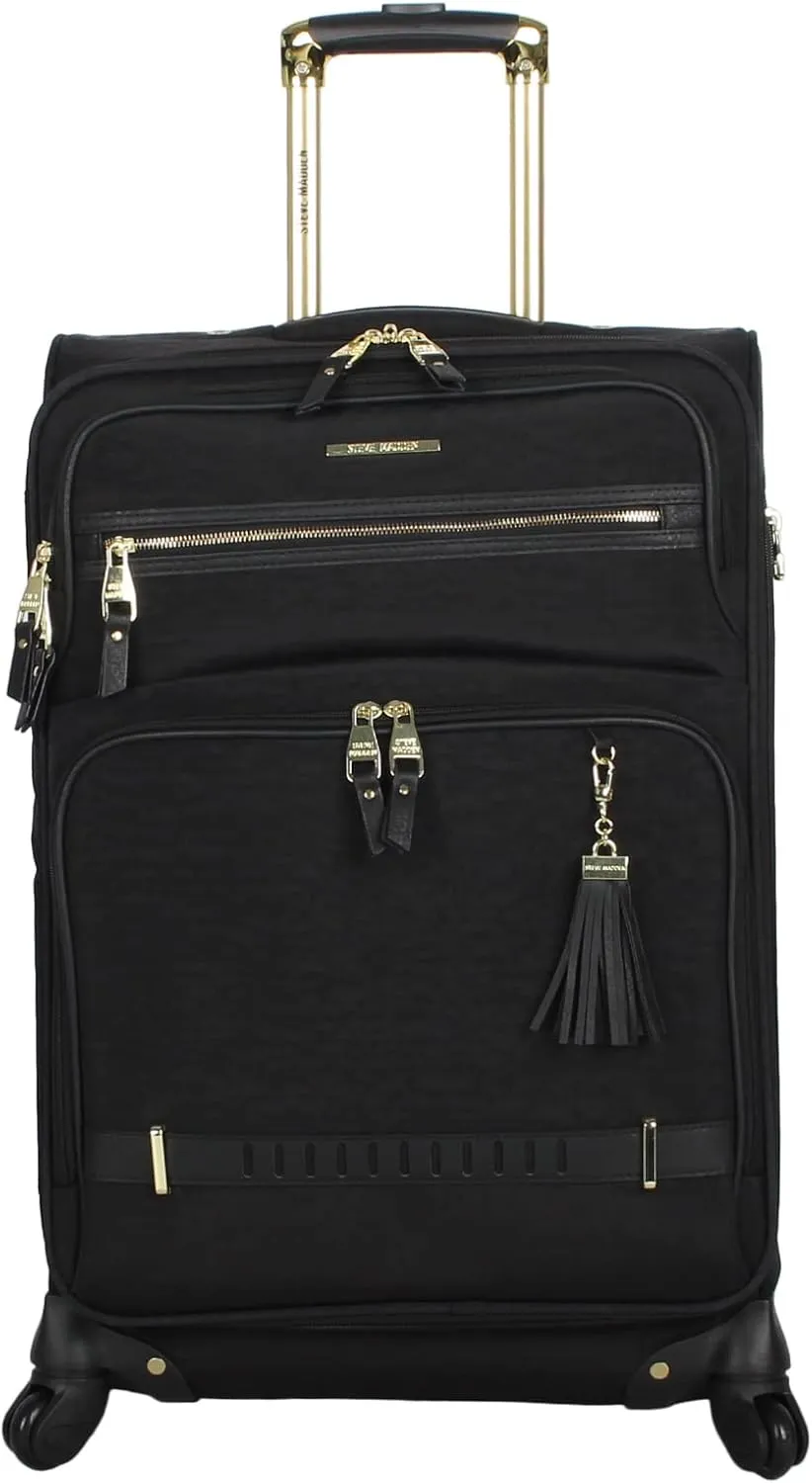 Steve Madden Designer Luggage Collection - 3 Piece Softside Expandable Lightweight Spinner Suitcase Set - Travel Set includes 20 Inch Carry on, 24 Inch & 28-Inch Checked Suitcases (Black Grey)