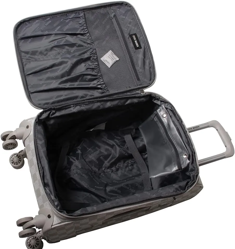 Steve Madden Designer Luggage Collection - 3 Piece Softside Expandable Lightweight Spinner Suitcase Set - Travel Set includes 20 Inch Carry on, 24 Inch & 28-Inch Checked Suitcases (Chalet Light Grey)