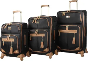 Steve Madden Designer Luggage Collection - 3 Piece Softside Expandable Lightweight Spinner Suitcase Set - Travel Set includes 20 Inch Carry on, 24 Inch & 28-Inch Checked Suitcases (Harlo Black)