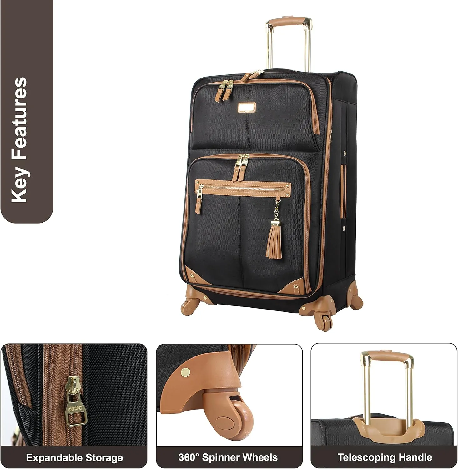 Steve Madden Designer Luggage Collection - 3 Piece Softside Expandable Lightweight Spinner Suitcase Set - Travel Set includes 20 Inch Carry on, 24 Inch & 28-Inch Checked Suitcases (Harlo Black)