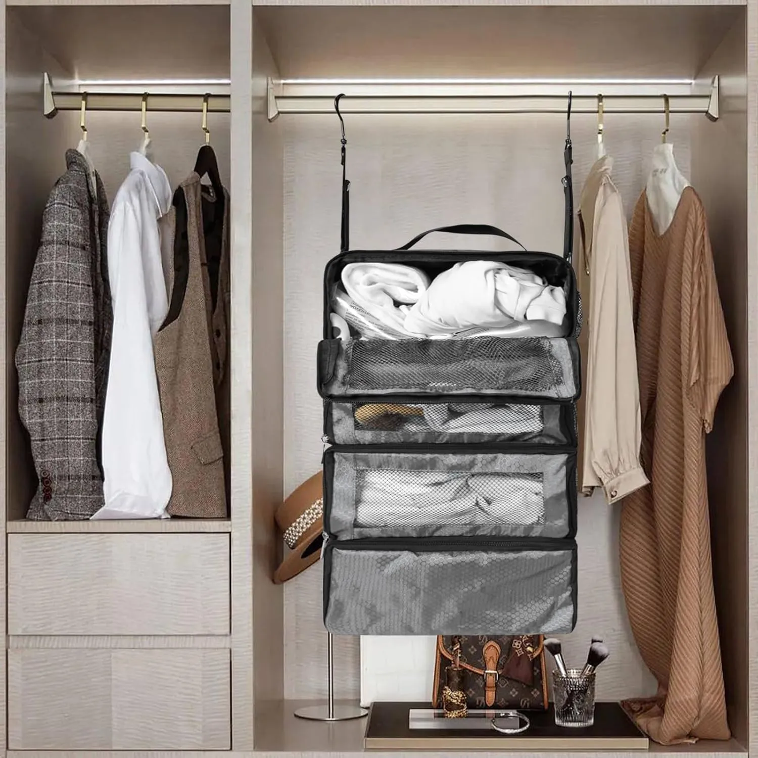 Suitcase Organizer, Travel Luggage Organizer Portable Hanging Travel Shelves Collapsible Hanging Packing Cubes for Carry on Suitcase