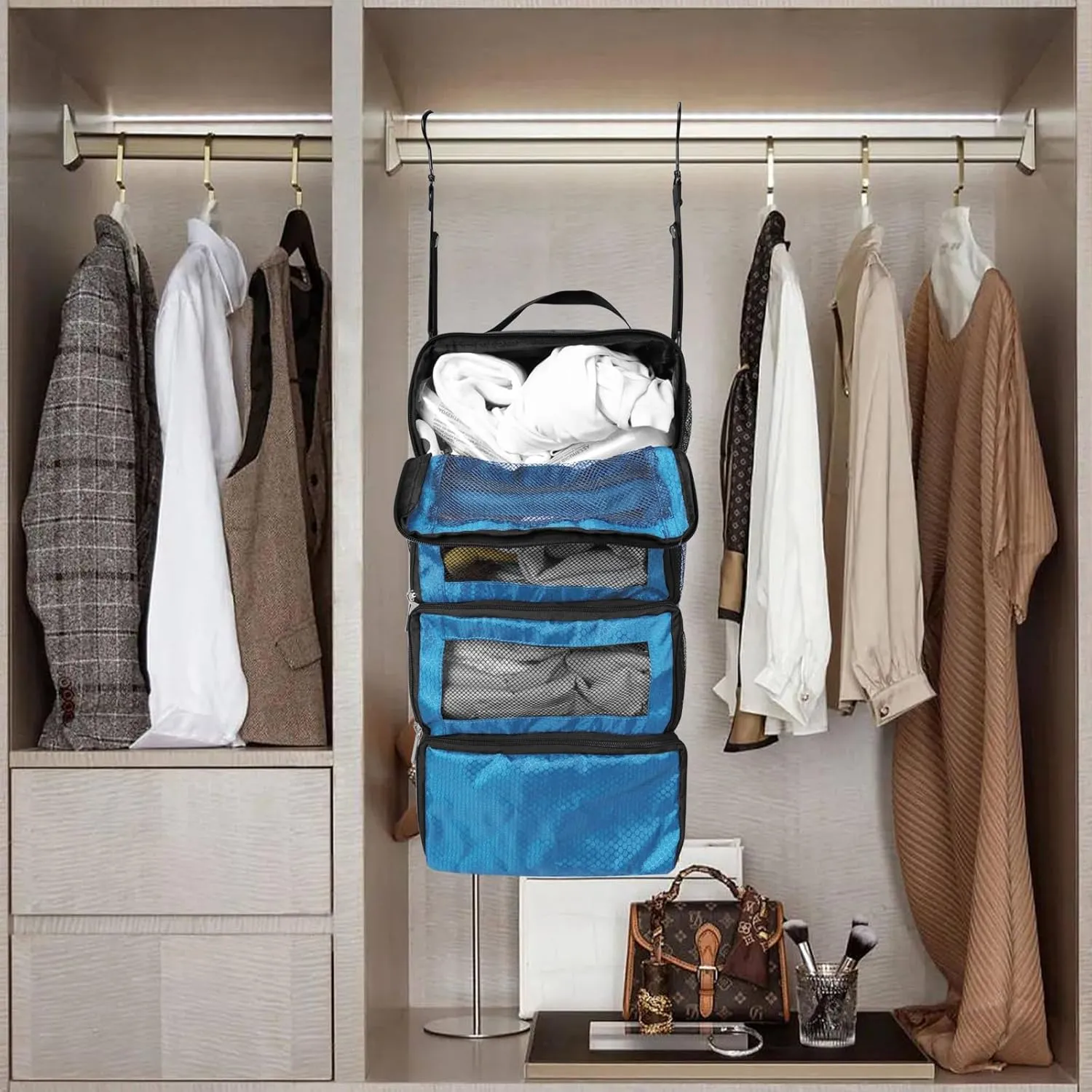 Suitcase Organizer, Travel Luggage Organizer Portable Hanging Travel Shelves Collapsible Hanging Packing Cubes for Carry on Suitcase