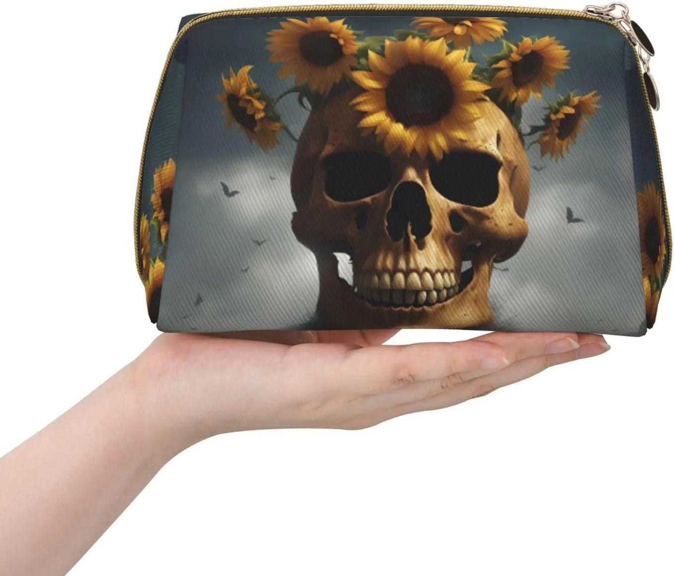 Sunflower Halloween Skull Toiletry Pouch, Travel-Friendly Makeup Organizer For Makeup Brushes, Lipsticks