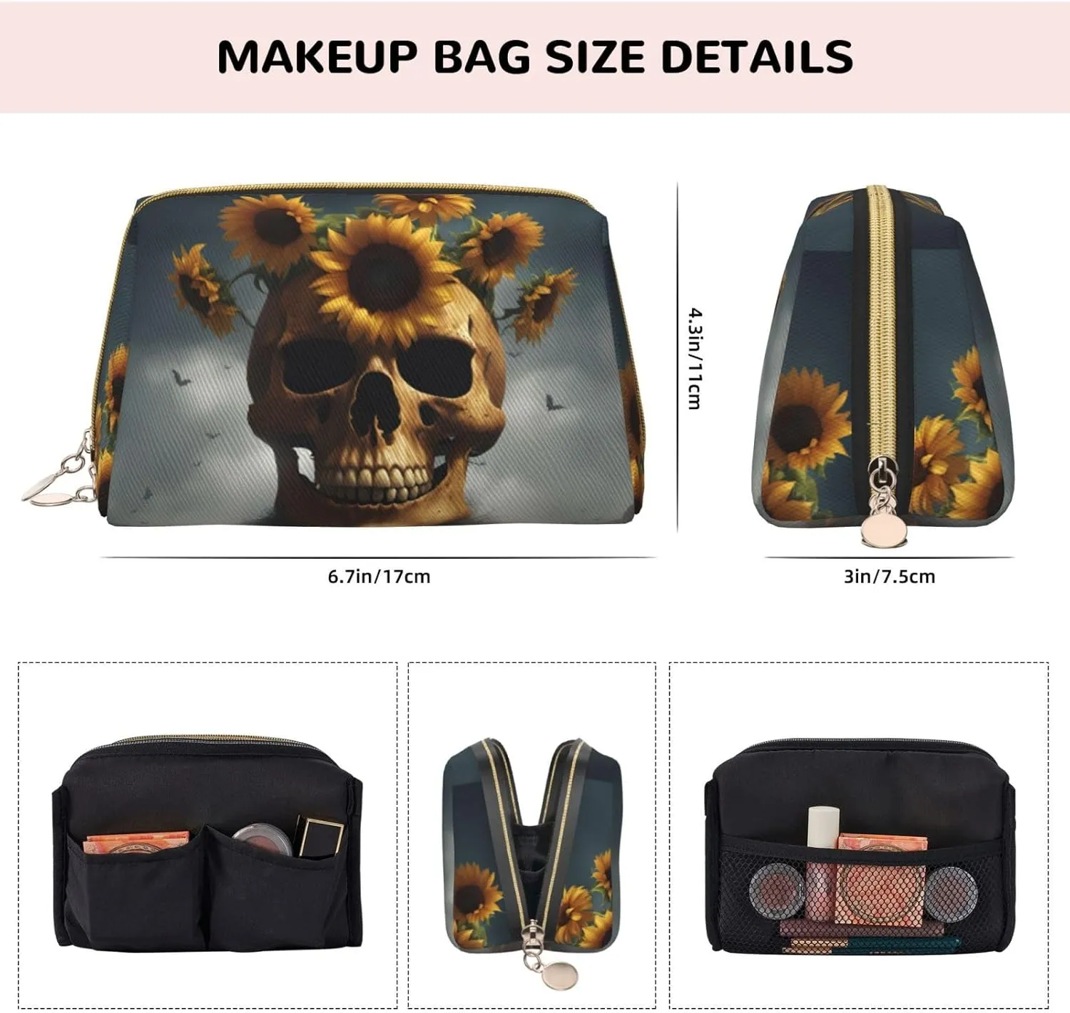 Sunflower Halloween Skull Toiletry Pouch, Travel-Friendly Makeup Organizer For Makeup Brushes, Lipsticks