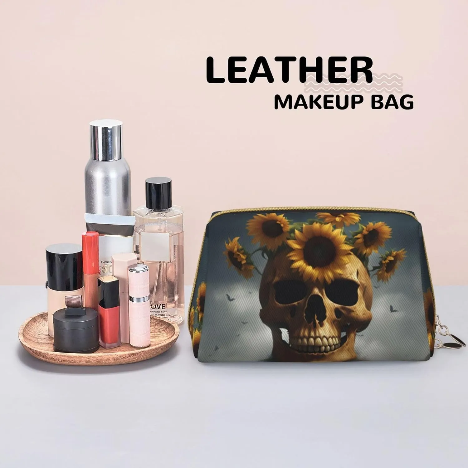 Sunflower Halloween Skull Toiletry Pouch, Travel-Friendly Makeup Organizer For Makeup Brushes, Lipsticks