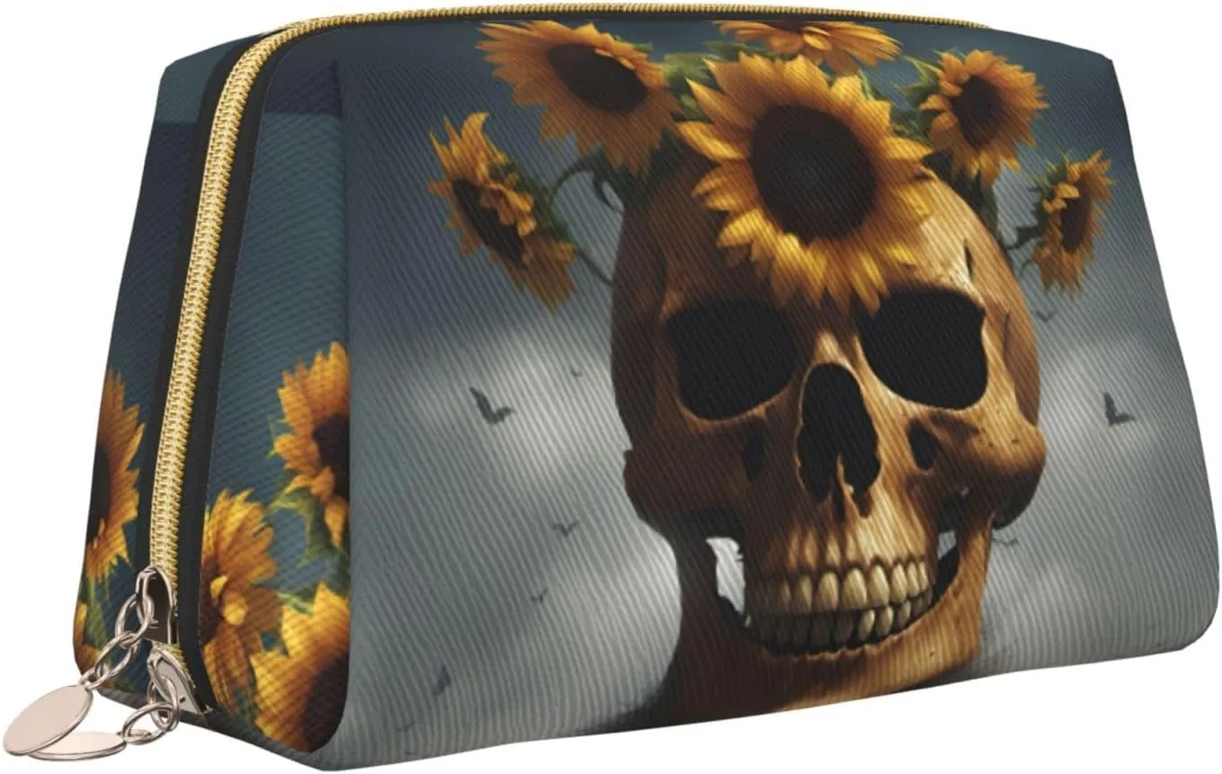 Sunflower Halloween Skull Toiletry Pouch, Travel-Friendly Makeup Organizer For Makeup Brushes, Lipsticks