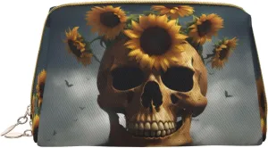 Sunflower Halloween Skull Toiletry Pouch, Travel-Friendly Makeup Organizer For Makeup Brushes, Lipsticks