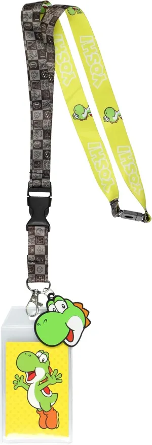 Super Mario Bros Yoshi Lanyard Badge Holder Game Inspired Reversible Design with 2.5" Rubber Yoshi Pendant