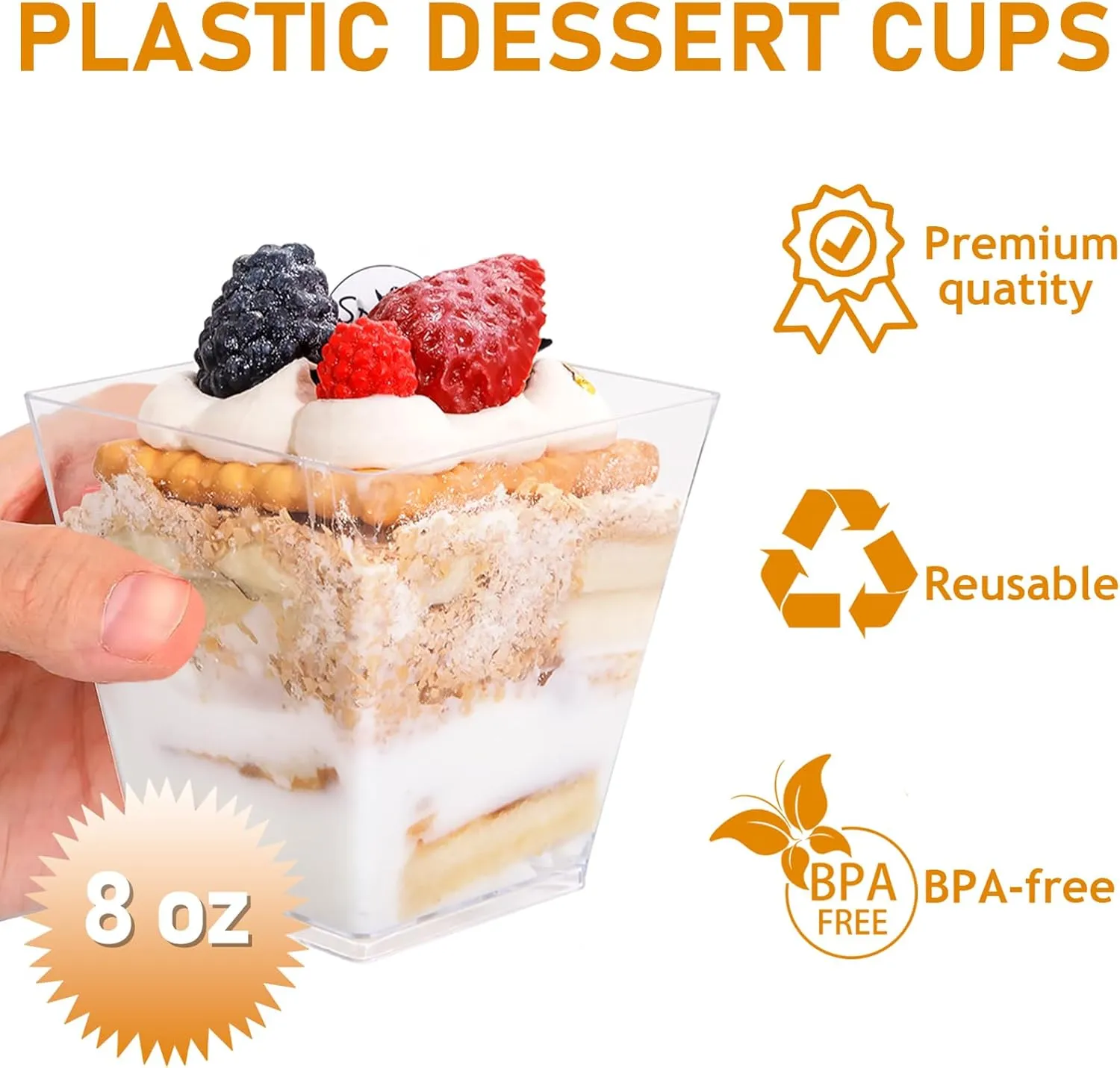 supernal 8oz Square Plastic Dessert Cups,Disposable Plastic Cups,Clear Dessert Cups 100pcs,Plastic Parfait Appetizer Cups Perfect for Birthday,Party,Wedding, RC315-1