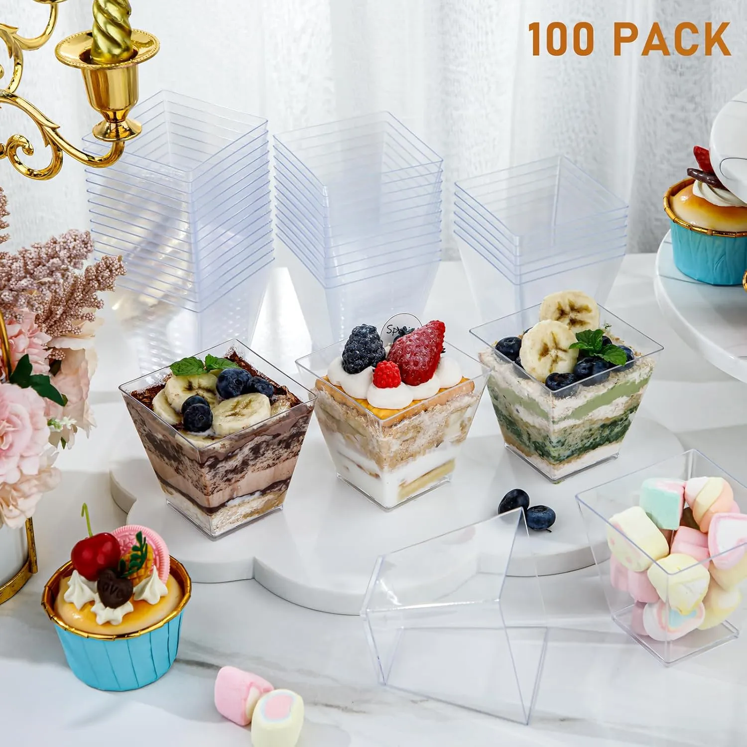 supernal 8oz Square Plastic Dessert Cups,Disposable Plastic Cups,Clear Dessert Cups 100pcs,Plastic Parfait Appetizer Cups Perfect for Birthday,Party,Wedding, RC315-1