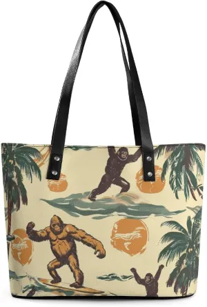 Surfing Bigfoot Monkeys Women's Tote Shoulder Bag Handbag Top Handle Leather 29 * 34 * 14cm