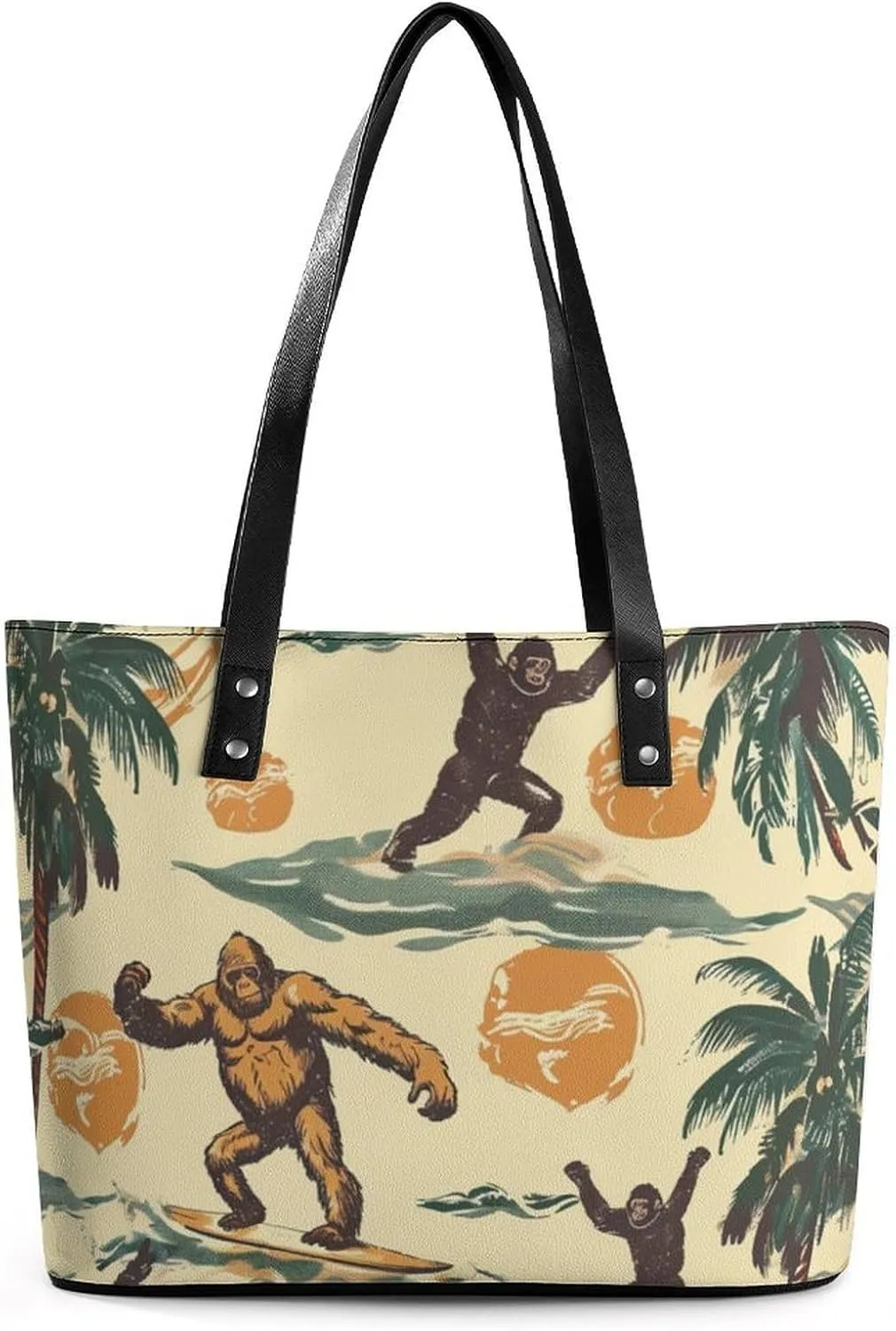 Surfing Bigfoot Monkeys Women's Tote Shoulder Bag Handbag Top Handle Leather 29 * 34 * 14cm