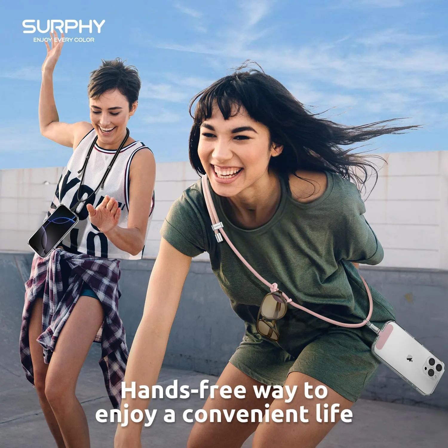 SURPHY Phone Lanyard, Adjustable Phone Strap Crossbody with 2 Pack Cell Phone Tether Tab, Premium Metal Buckles, Skin-Friendly, Universal Cell Phone Lanyard Crossbody for Women and Men, Black