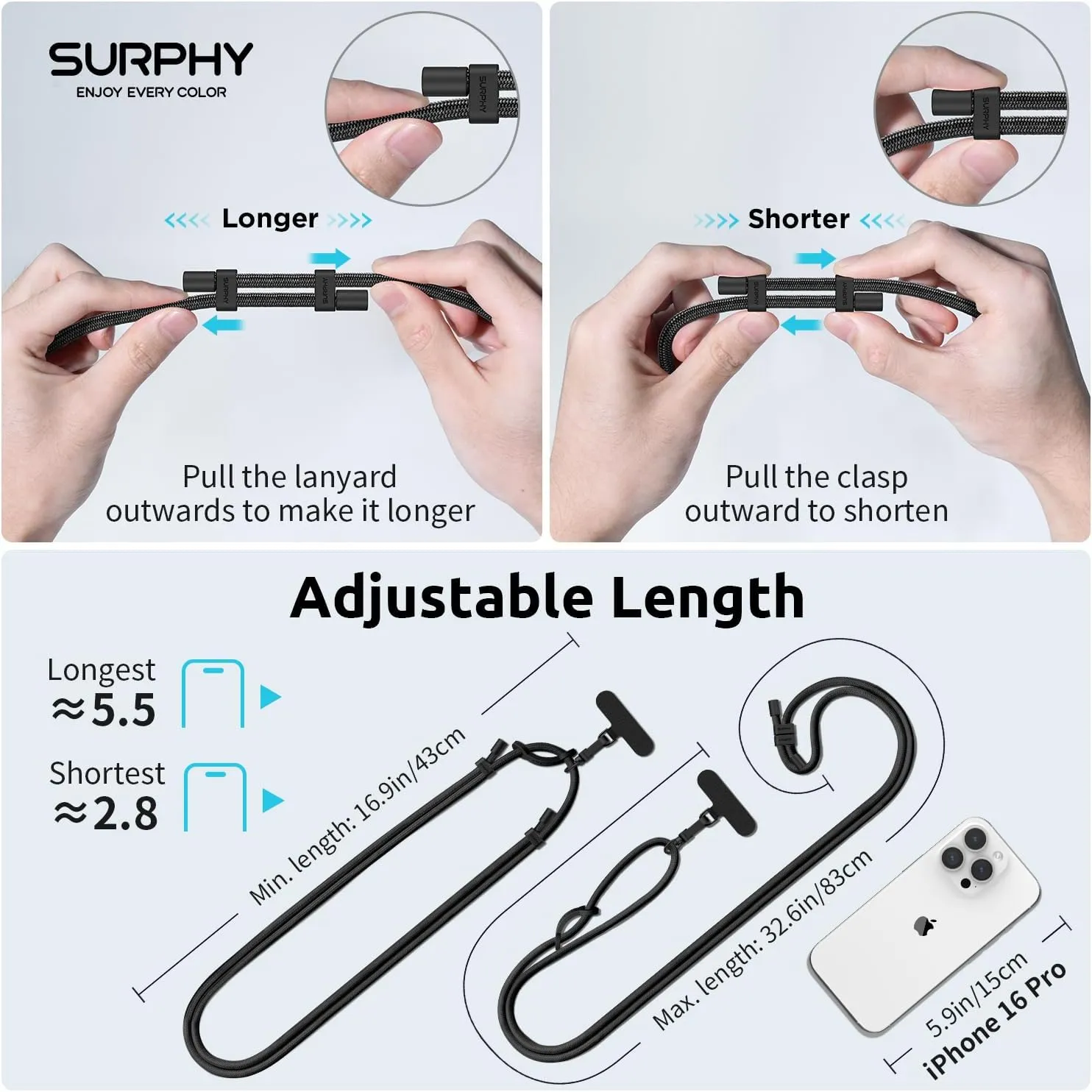 SURPHY Phone Lanyard, Adjustable Phone Strap Crossbody with 2 Pack Cell Phone Tether Tab, Premium Metal Buckles, Skin-Friendly, Universal Cell Phone Lanyard Crossbody for Women and Men, Black