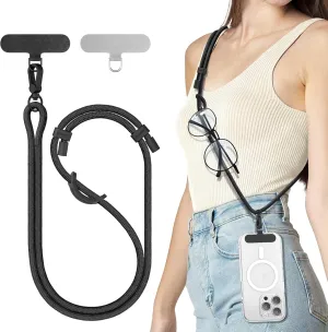 SURPHY Phone Lanyard, Adjustable Phone Strap Crossbody with 2 Pack Cell Phone Tether Tab, Premium Metal Buckles, Skin-Friendly, Universal Cell Phone Lanyard Crossbody for Women and Men, Black