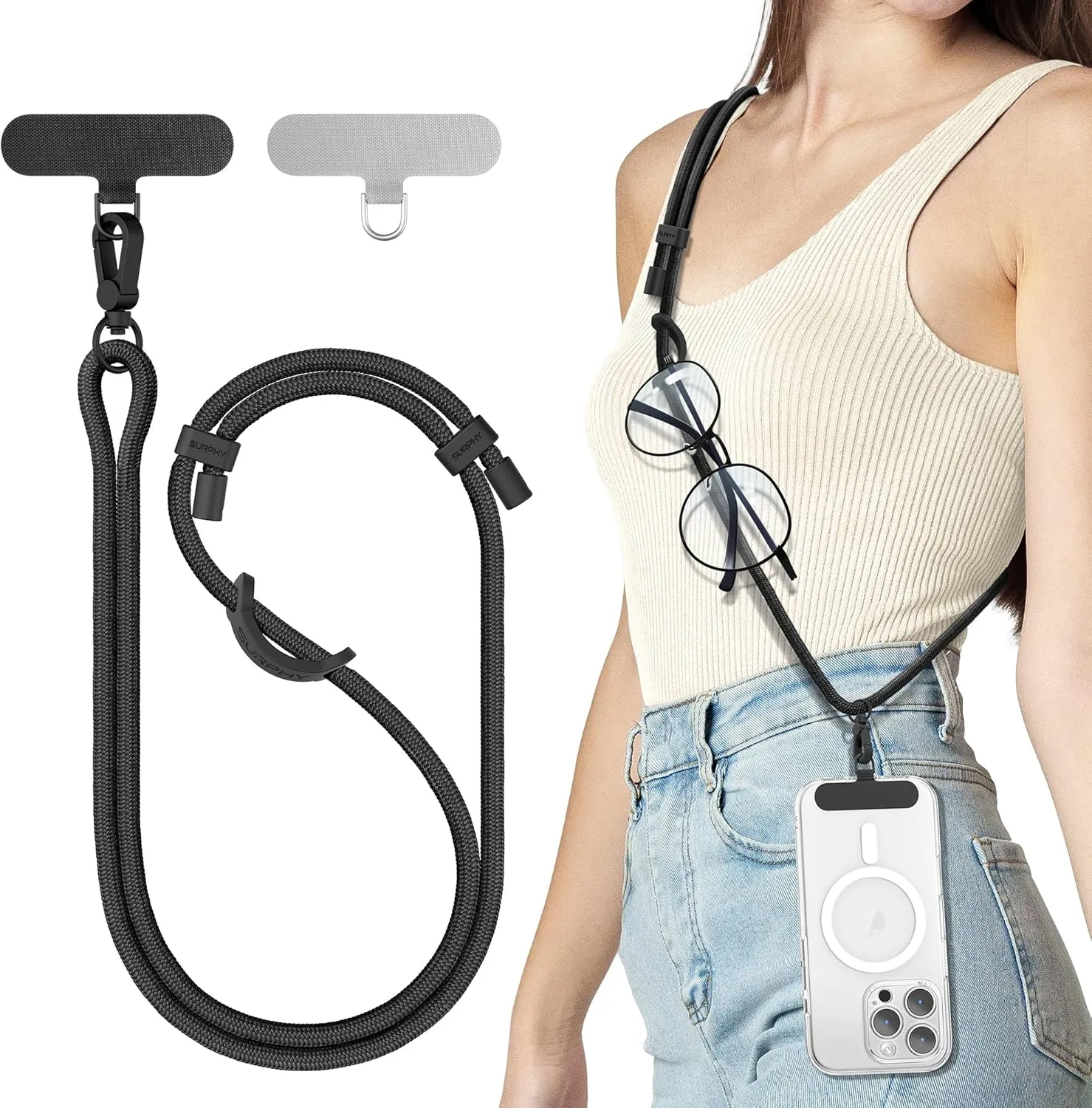 SURPHY Phone Lanyard, Adjustable Phone Strap Crossbody with 2 Pack Cell Phone Tether Tab, Premium Metal Buckles, Skin-Friendly, Universal Cell Phone Lanyard Crossbody for Women and Men, Black