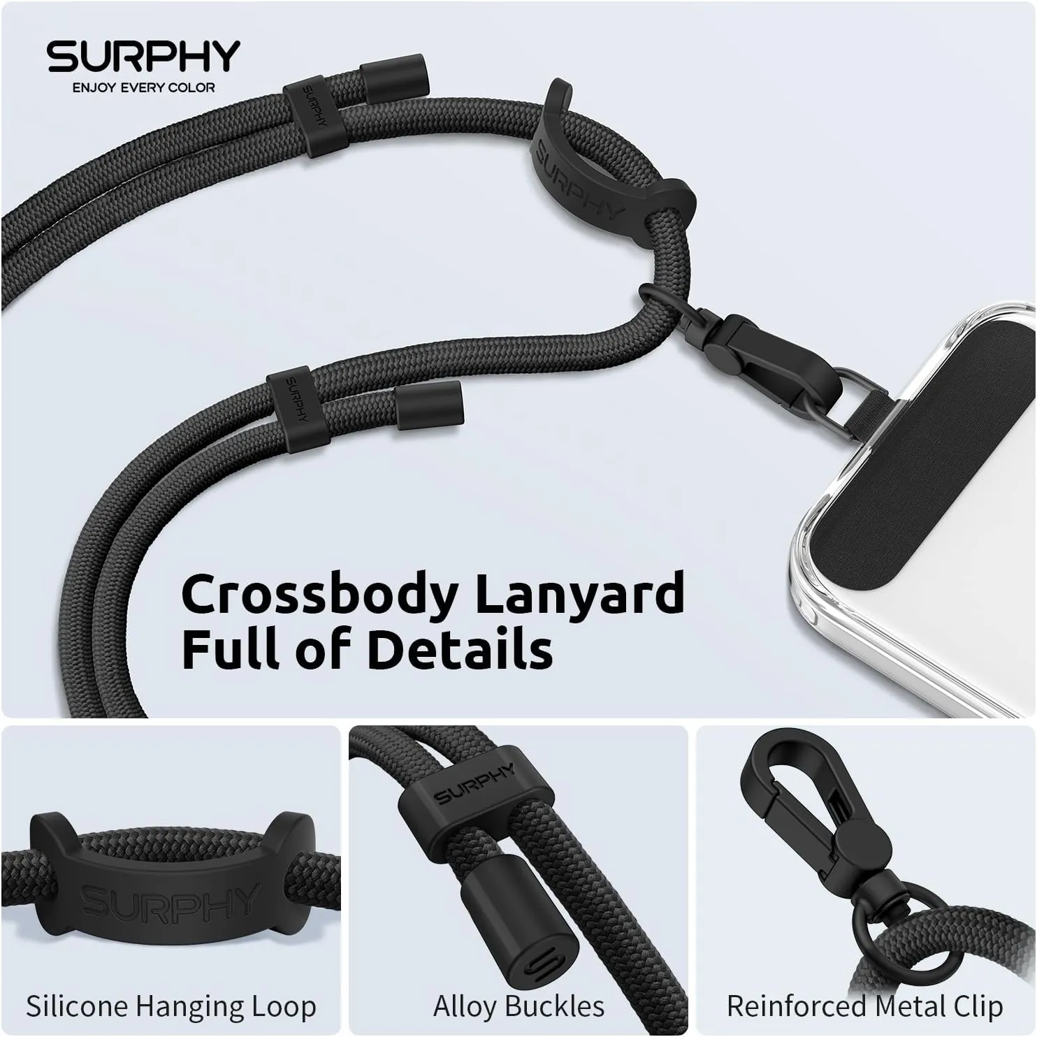 SURPHY Phone Lanyard, Adjustable Phone Strap Crossbody with 2 Pack Cell Phone Tether Tab, Premium Metal Buckles, Skin-Friendly, Universal Cell Phone Lanyard Crossbody for Women and Men, Black