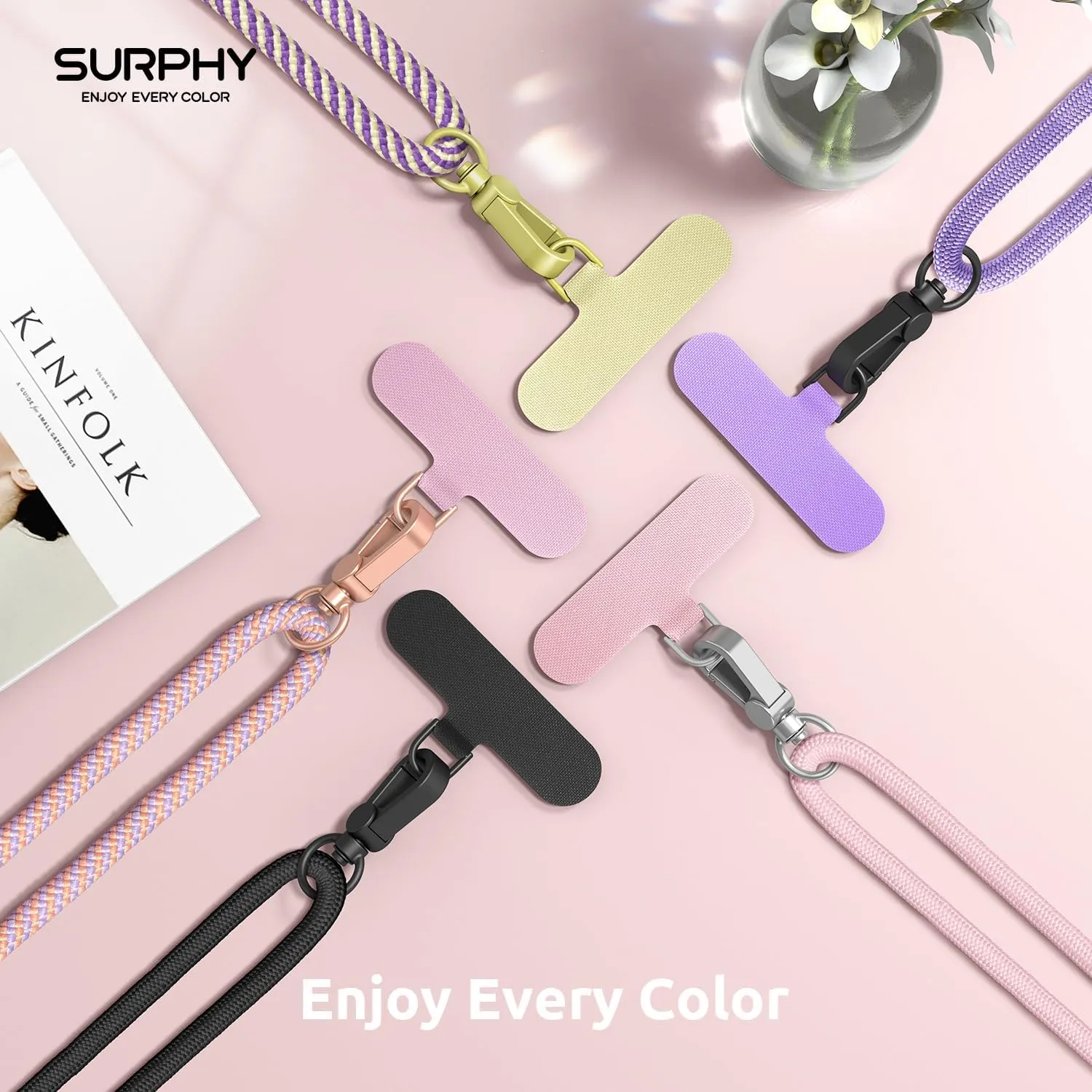 SURPHY Phone Lanyard, Adjustable Phone Strap Crossbody with 2 Pack Cell Phone Tether Tab, Premium Metal Buckles, Skin-Friendly, Universal Cell Phone Lanyard Crossbody for Women and Men, Black