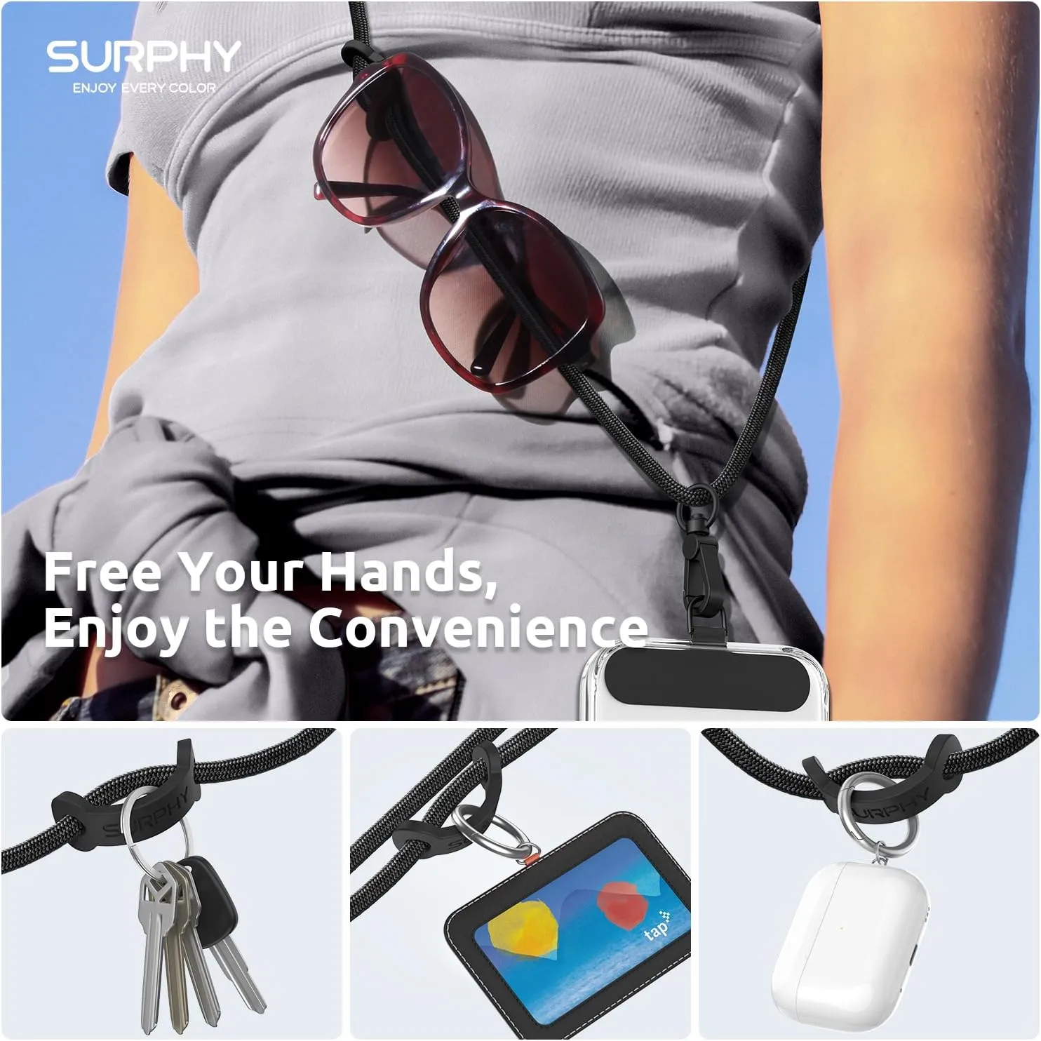 SURPHY Phone Lanyard, Adjustable Phone Strap Crossbody with 2 Pack Cell Phone Tether Tab, Premium Metal Buckles, Skin-Friendly, Universal Cell Phone Lanyard Crossbody for Women and Men, Black