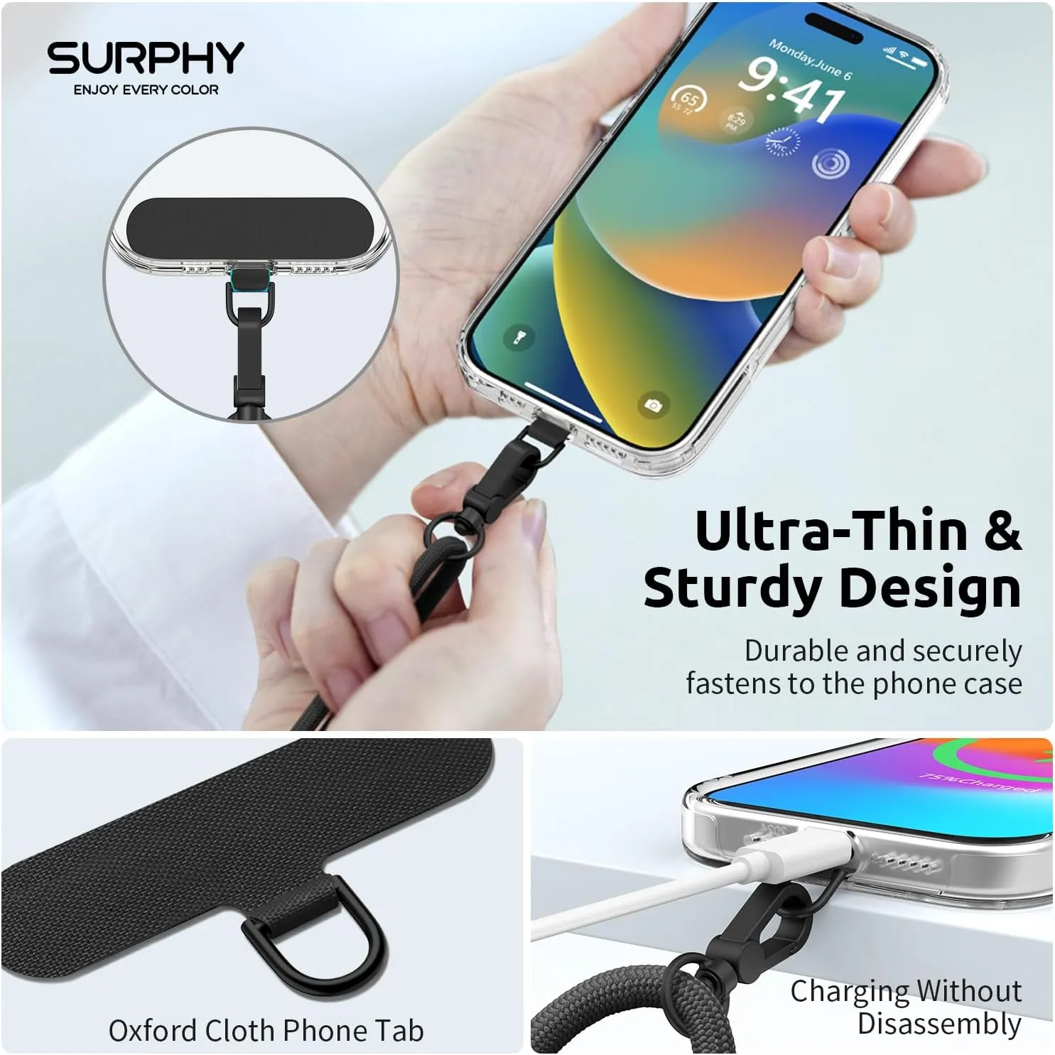 SURPHY Phone Lanyard, Adjustable Phone Strap Crossbody with 2 Pack Cell Phone Tether Tab, Premium Metal Buckles, Skin-Friendly, Universal Cell Phone Lanyard Crossbody for Women and Men, Black