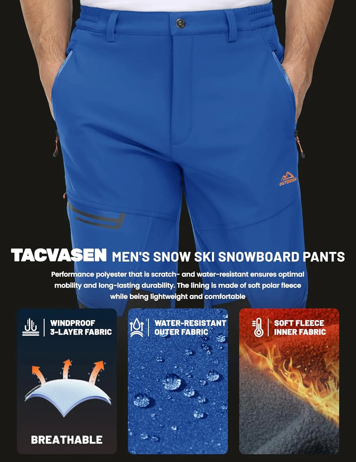 TACVASEN Men's Snow Ski Pants Windproof Snowboard Pants for Men Water Resistant Hiking Pants Fleece Lined Winter Working