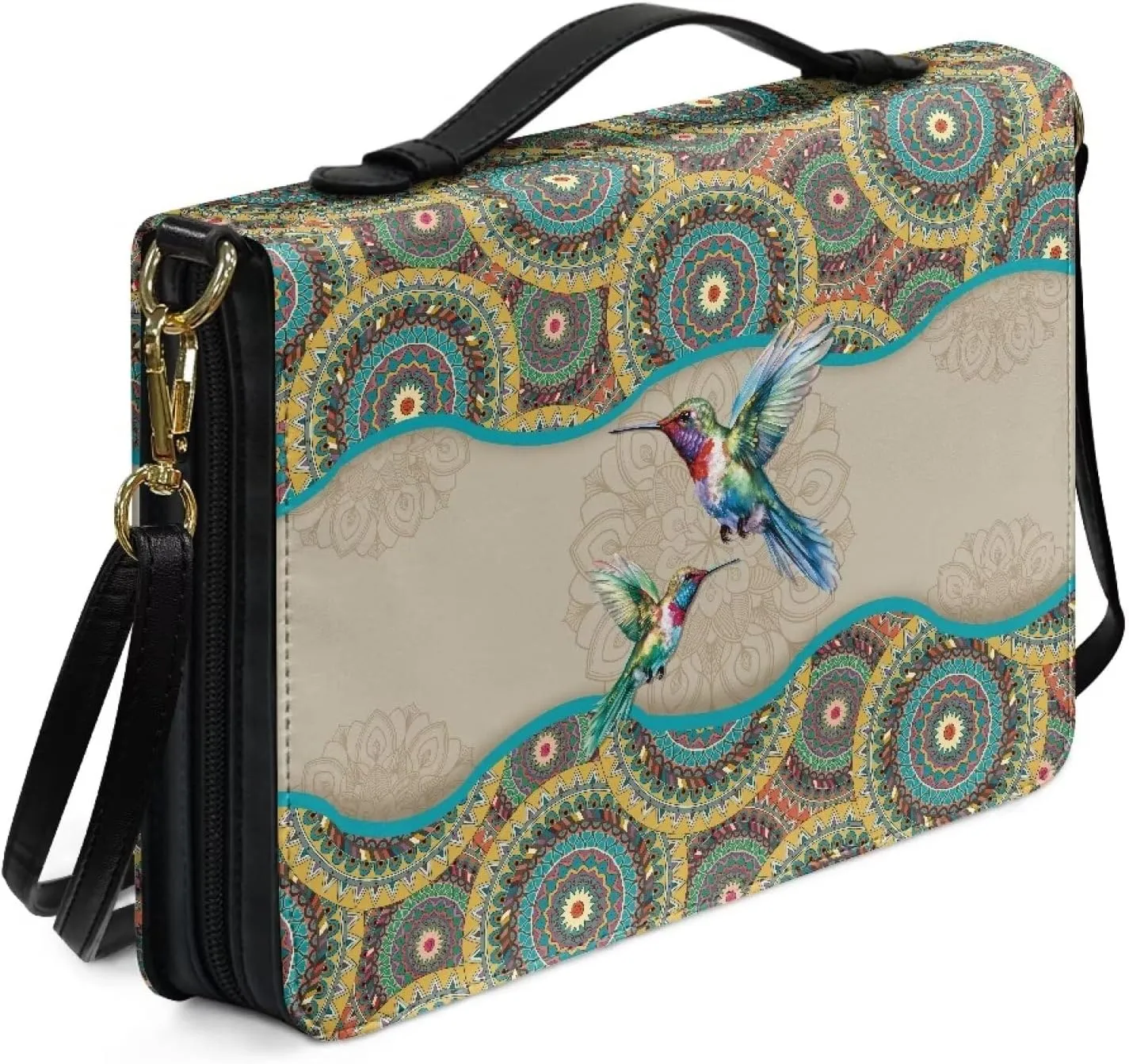 Talayituse Boho Hummingbird Print Bible Cover with Handle and Shoulder Strap for Women Men PU Leather Bible Case Large Capacity Book Bag Tote Bag Bible Church Bag Christian Gifts, 2XL