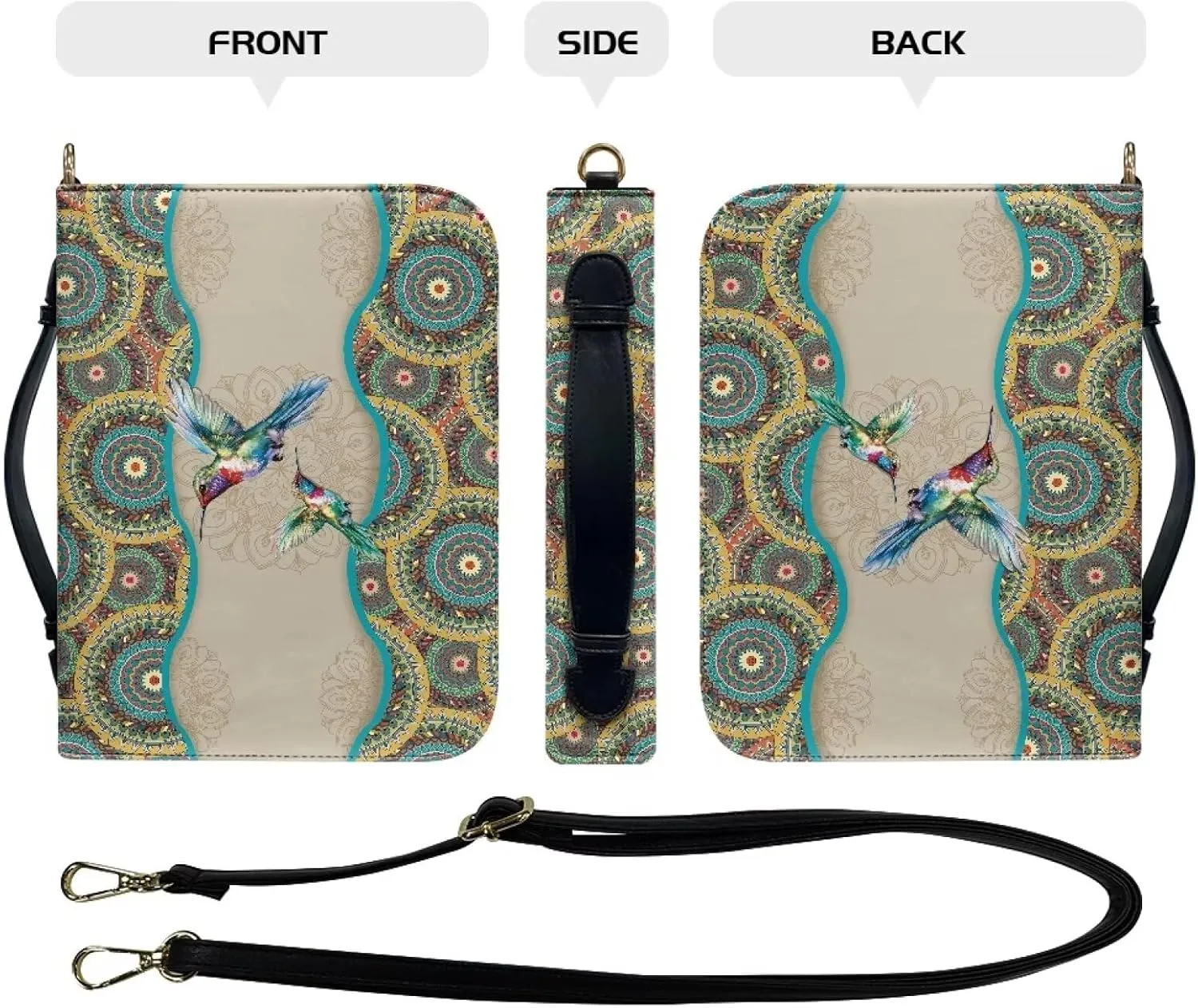 Talayituse Boho Hummingbird Print Bible Cover with Handle and Shoulder Strap for Women Men PU Leather Bible Case Large Capacity Book Bag Tote Bag Bible Church Bag Christian Gifts, 2XL