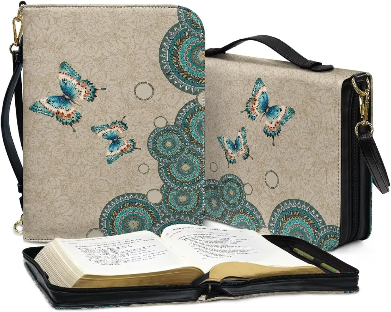 Talayituse Boho Mandala Butterfly Print Bible Covers for Women Men PU Leather Bible Case Bible Bag Bible Accessories with Handle and Shoulder Strap Multi-Functional Bible Tote Bag for Kids, 2XL