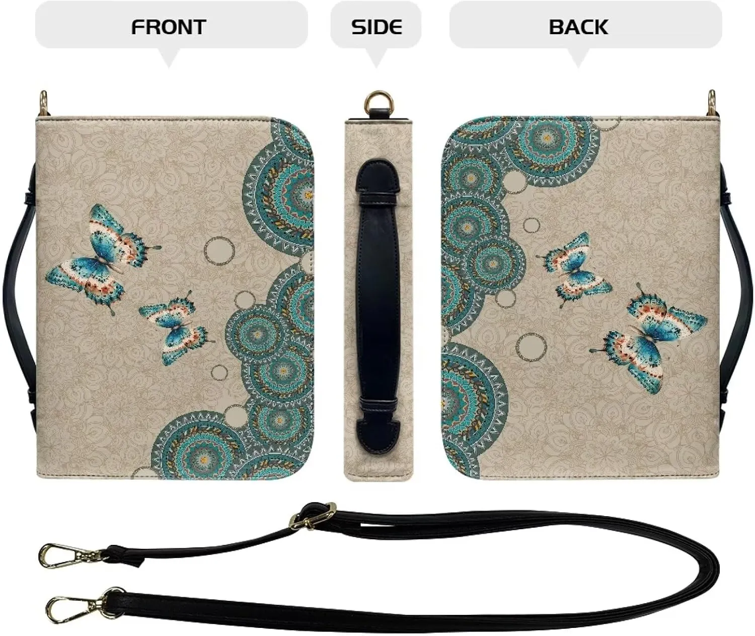 Talayituse Boho Mandala Butterfly Print Bible Covers for Women Men PU Leather Bible Case Bible Bag Bible Accessories with Handle and Shoulder Strap Multi-Functional Bible Tote Bag for Kids, 2XL