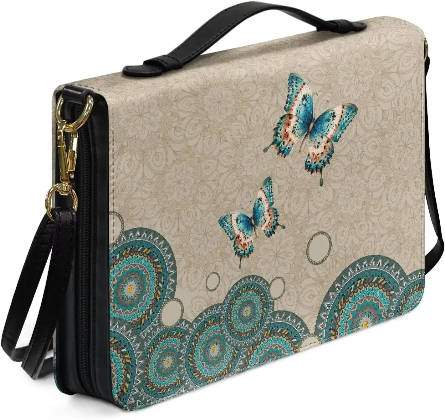 Talayituse Boho Mandala Butterfly Print Bible Covers for Women Men PU Leather Bible Case Bible Bag Bible Accessories with Handle and Shoulder Strap Multi-Functional Bible Tote Bag for Kids, 2XL