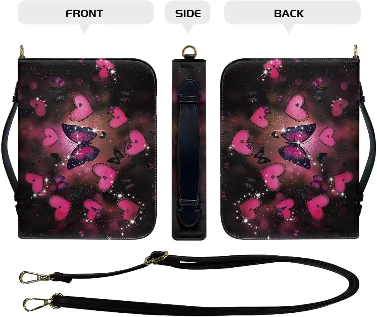 Talayituse Butterfly Heart Galaxy Print Bible Covers PU Leather Valentine's Day Bible Carrying Holder Bag with Handle and Adjustable Shoulder Strap Lightweight Crossbody Bag Bible Case for Women, 2XL