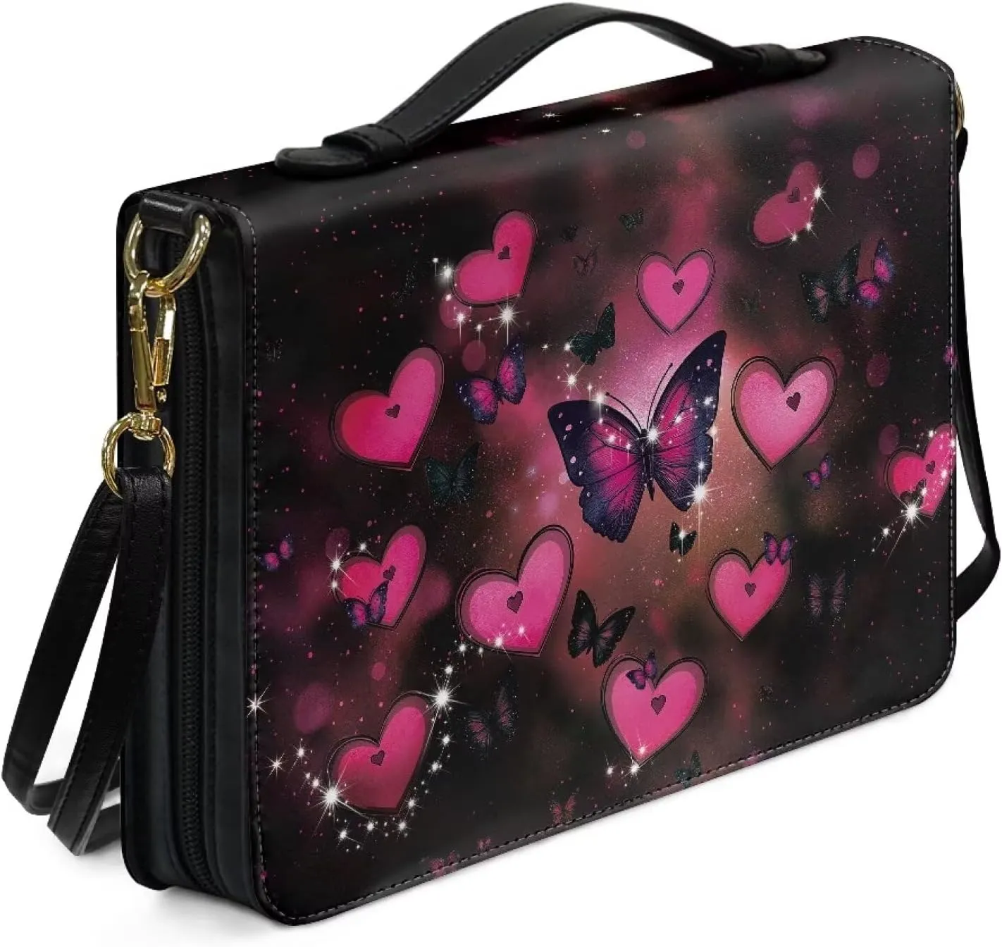 Talayituse Butterfly Heart Galaxy Print Bible Covers PU Leather Valentine's Day Bible Carrying Holder Bag with Handle and Adjustable Shoulder Strap Lightweight Crossbody Bag Bible Case for Women, 2XL