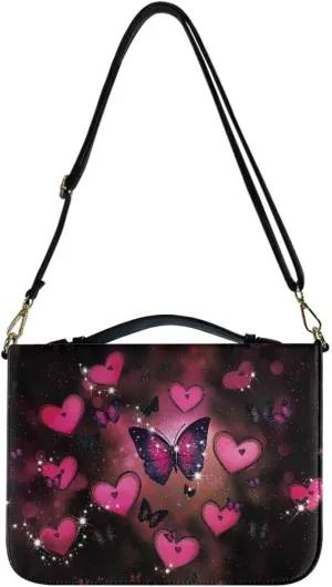 Talayituse Butterfly Heart Galaxy Print Bible Covers PU Leather Valentine's Day Bible Carrying Holder Bag with Handle and Adjustable Shoulder Strap Lightweight Crossbody Bag Bible Case for Women, 2XL