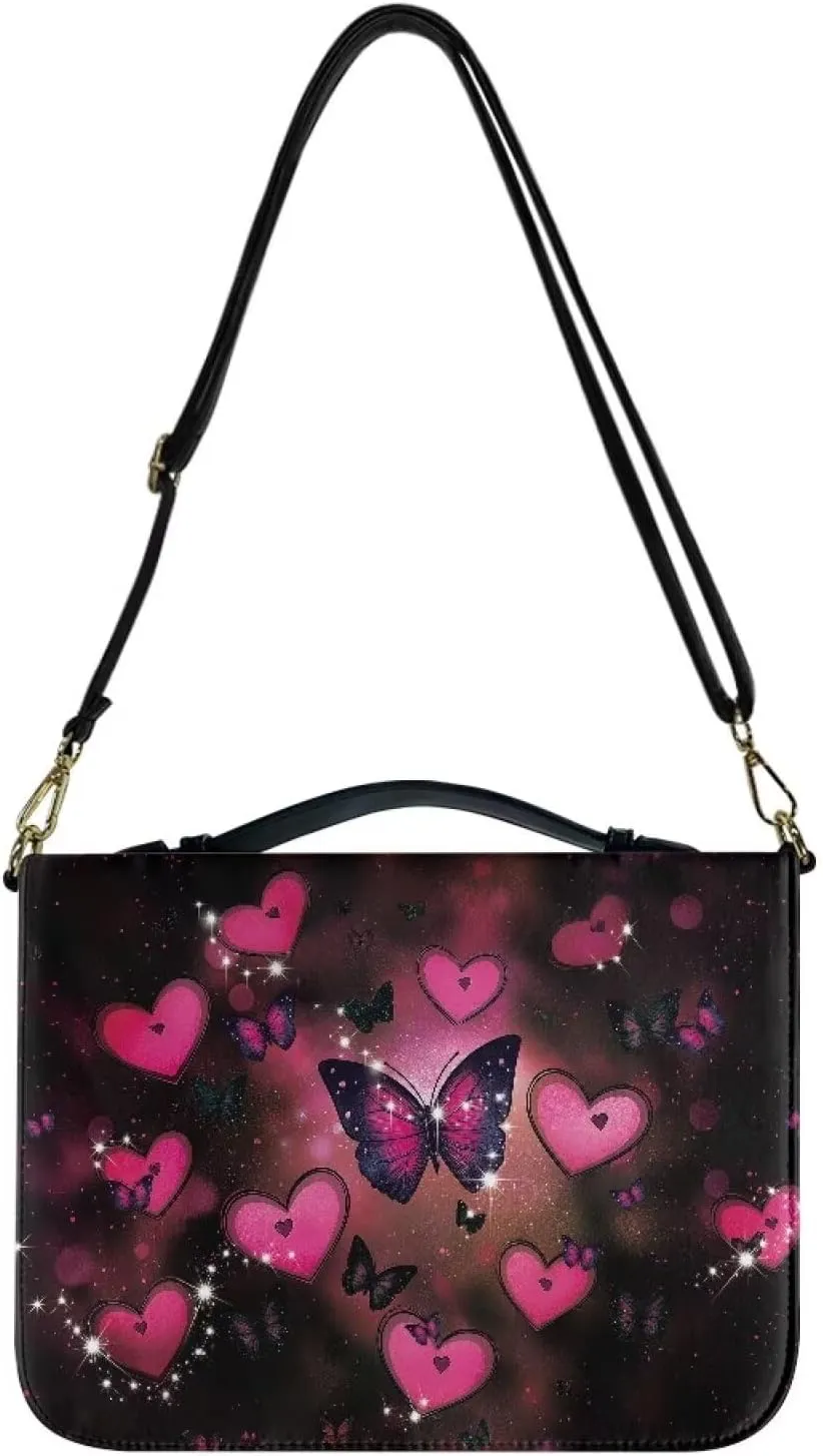 Talayituse Butterfly Heart Galaxy Print Bible Covers PU Leather Valentine's Day Bible Carrying Holder Bag with Handle and Adjustable Shoulder Strap Lightweight Crossbody Bag Bible Case for Women, 2XL