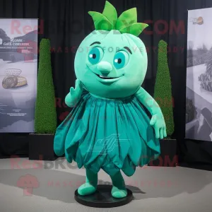 Teal Cabbage Leaf mascot costume character dressed with a Cocktail Dress and Shoe laces, Large
