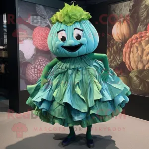 Teal Cabbage Leaf mascot costume character dressed with a Cocktail Dress and Shoe laces, Large