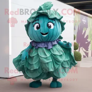 Teal Cabbage Leaf mascot costume character dressed with a Cocktail Dress and Shoe laces, Large