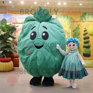 Teal Cabbage Leaf mascot costume character dressed with a Dress and Keychains, Large
