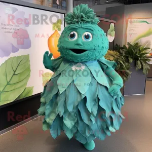 Teal Cabbage Leaf mascot costume character dressed with a Dress and Keychains