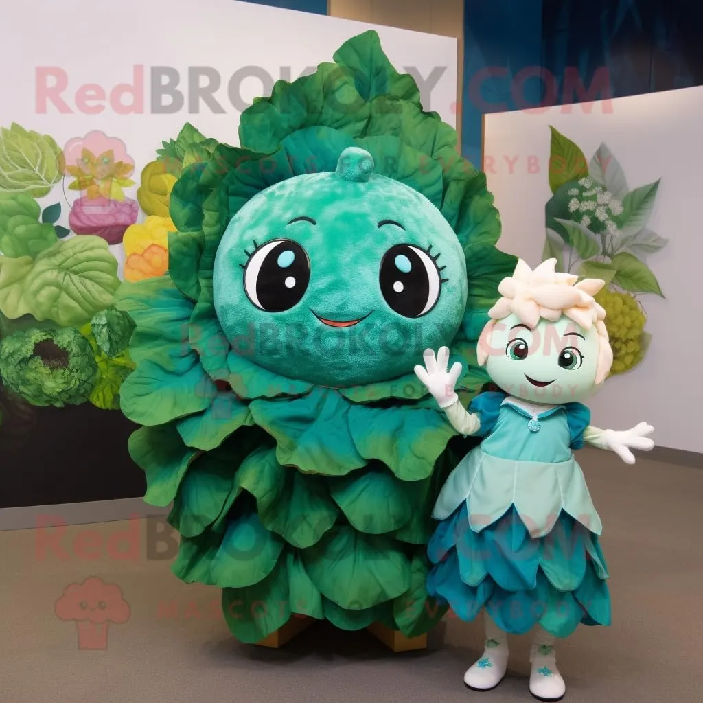 Teal Cabbage Leaf mascot costume character dressed with a Dress and Keychains