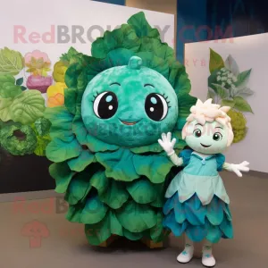 Teal Cabbage Leaf mascot costume character dressed with a Dress and Keychains