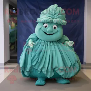 Teal Cabbage Leaf mascot costume character dressed with a Maxi Skirt and Foot pads, Large