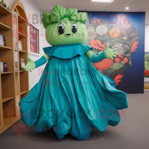 Teal Cabbage Leaf mascot costume character dressed with a Maxi Skirt and Foot pads, Large