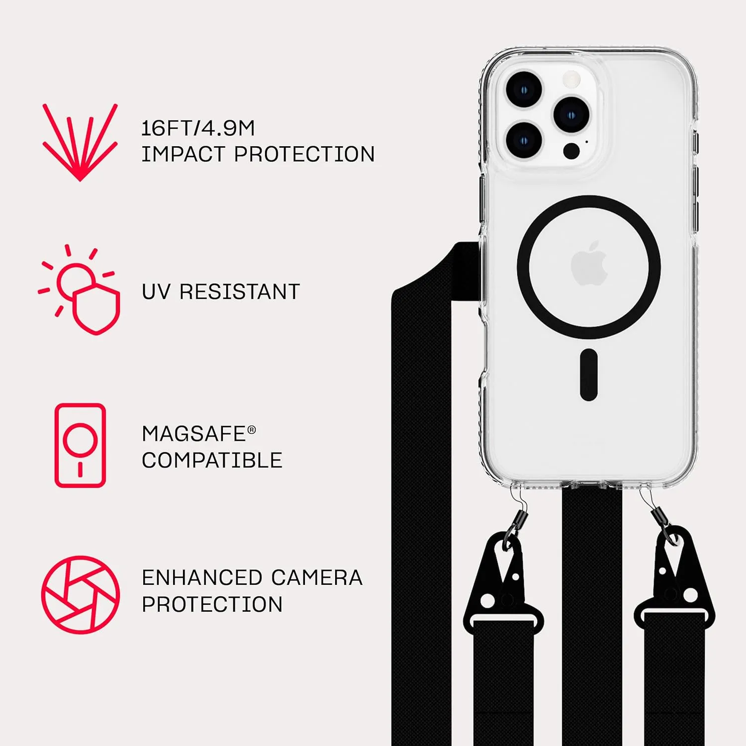 Tech21 EvoCrystal with Crossbody Lanyard for iPhone 16 Pro Max - Compatible with MagSafe - Impact Protection Case 15x Military Dtandard Tested - with Crossbody Lanyard -in Black